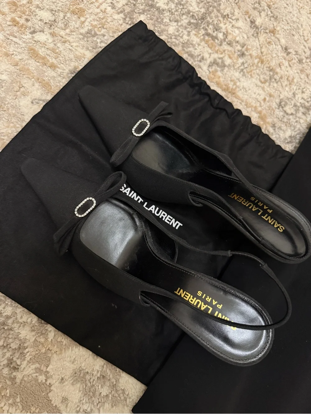 Saint Laurent Black Bow Slingback Heels with Crystal Buckle
